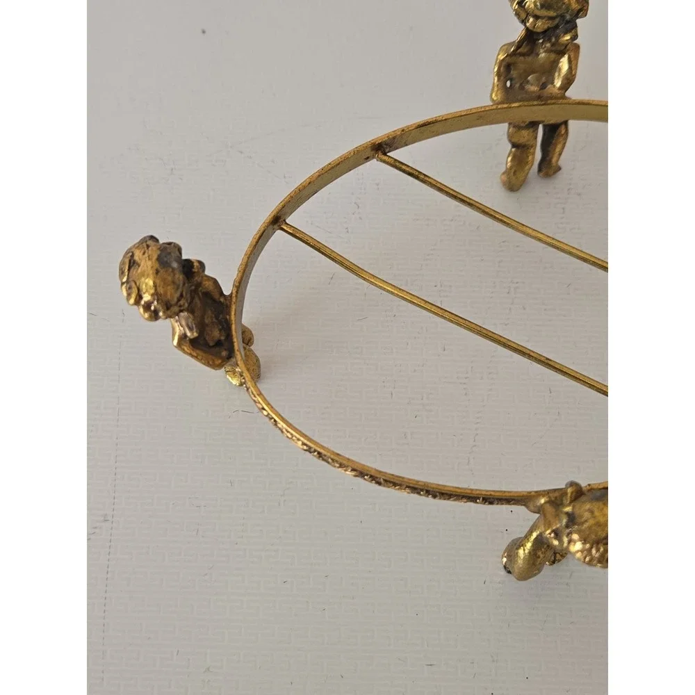 Vintage 1950s Hollywood Regency Ornate Brass Cherub Oval Centerpiece Stand Base